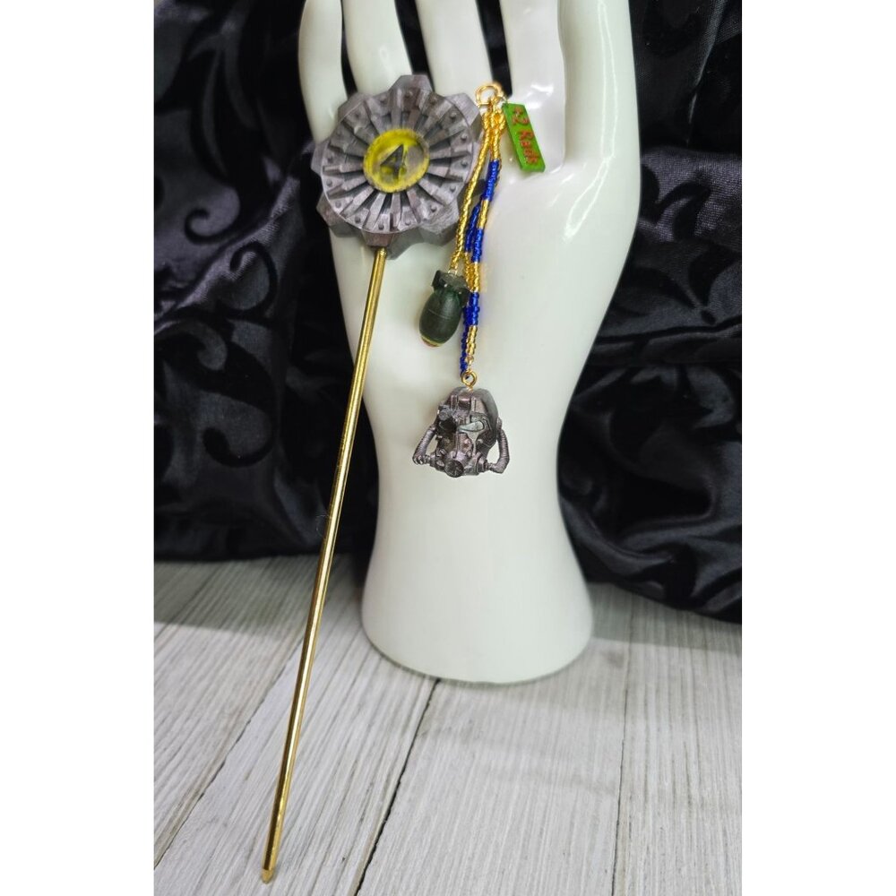 Handmade Fallout Vault Inspired Hair Stick Helmet, Mini Nuke, and +2 Rad Charms